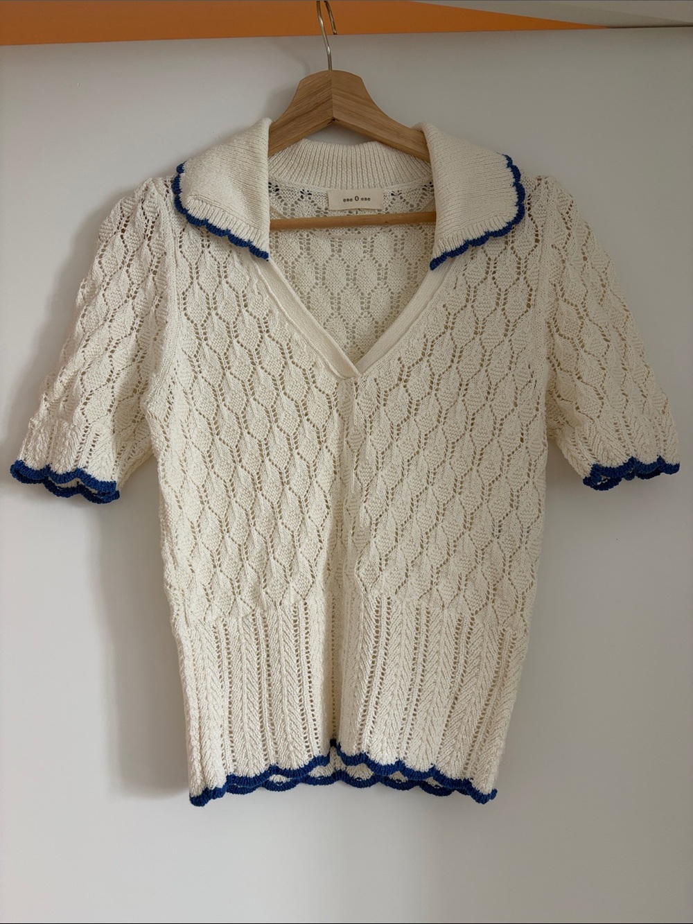 Cream V-Neck Knit Sweater with Blue Trim